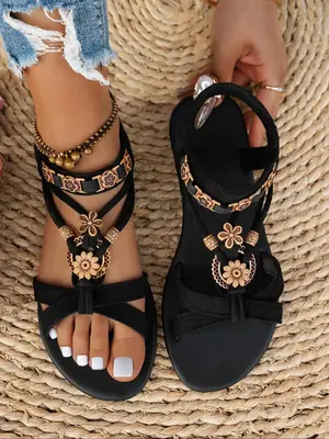 Women's Fashionable Summer Bohemian Trending Sandals, Lightweight Strappy Sandals, Boho Style Black Flat Sandals for Summer B...