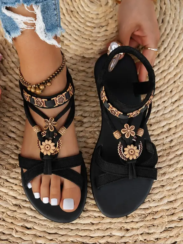 Women's Fashionable Summer Bohemian Trending Sandals, Lightweight Strappy Sandals, Boho Style Black Flat Sandals for Summer B...