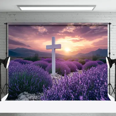Aperturee Purple Floral Field Sunset Cross Easter Backdrop, 3X2FT(1MX0.6M), 14 USD, easter backdrops, NYHD6I23-M