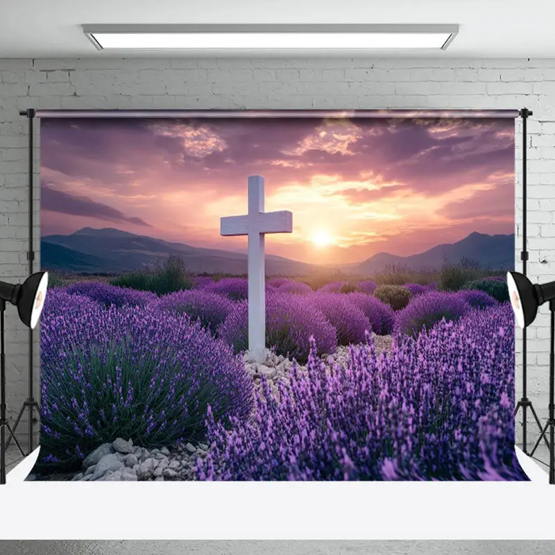 Aperturee Purple Floral Field Sunset Cross Easter Backdrop, 3X2FT(1MX0.6M), 14 USD, easter backdrops, NYHD6I23-M