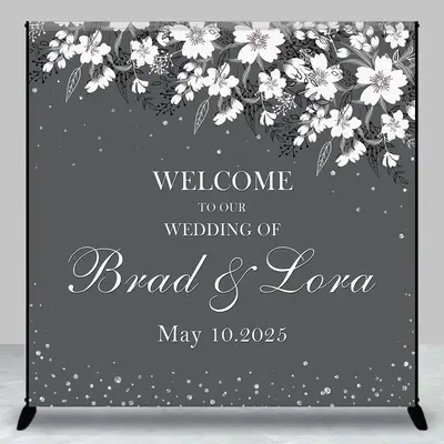 Grey White Floral Custom Name Wedding Party Backdrop - Aperturee