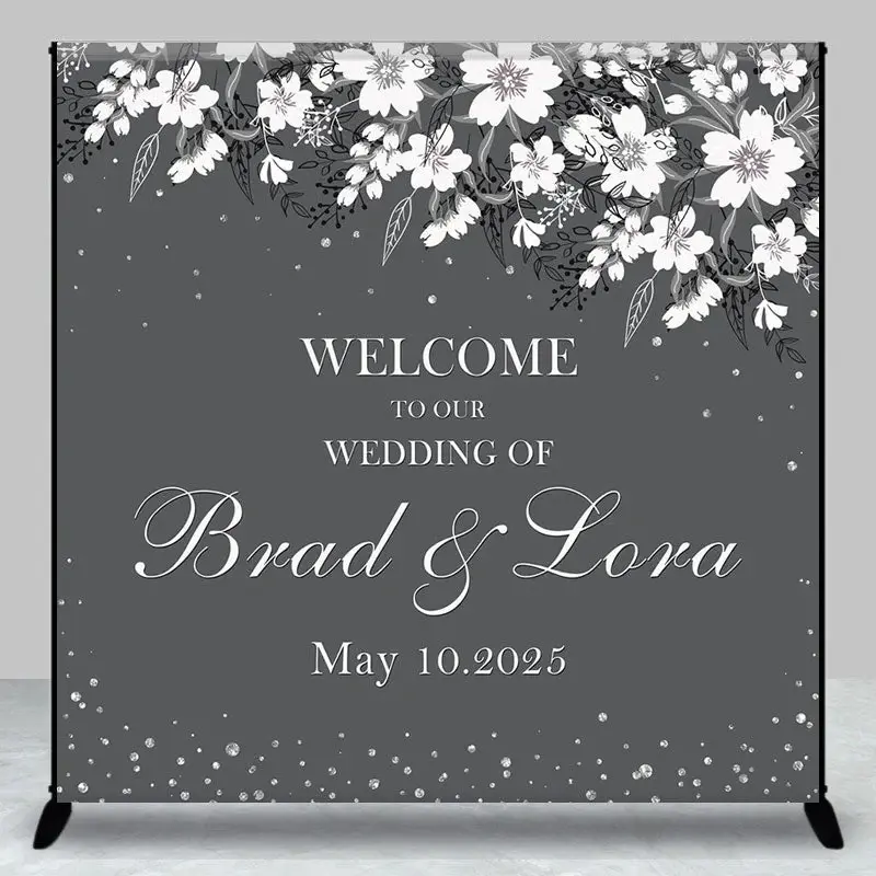 Grey White Floral Custom Name Wedding Party Backdrop - Aperturee