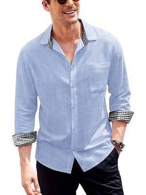 Long-Sleeve Cotton Linen Shirt (US Only), Light Blue / XL