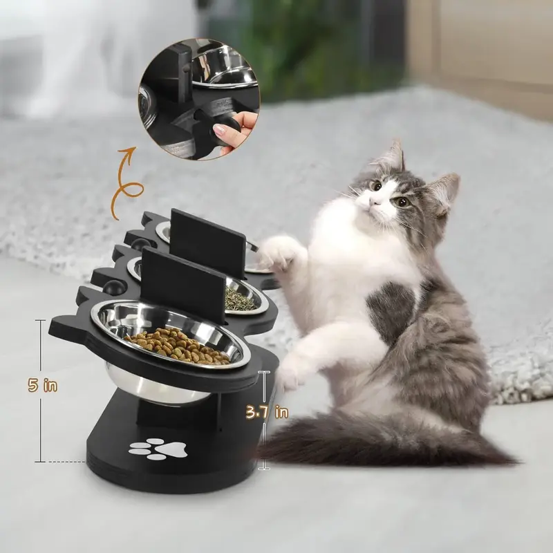 Raised Cat Food Bowls - 3 Stainless Steel Elevated Cat Bowls with 15°Tilted, Adjustable Heights, Black Shelf & Cat Food and ...