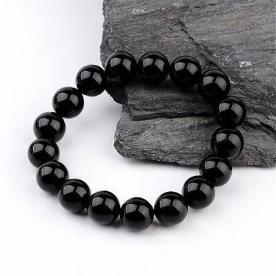 Natural Dyed & Heated Black Agate Round Beaded Stretch Bracelets