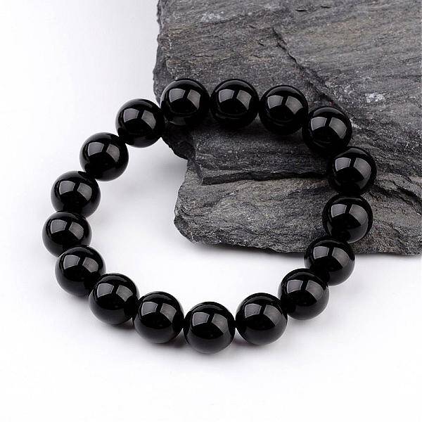 Natural Dyed & Heated Black Agate Round Beaded Stretch Bracelets