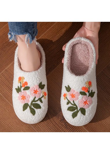 Modlily Flip Flops White Floral Print Round Toe Falt Slippers - 41