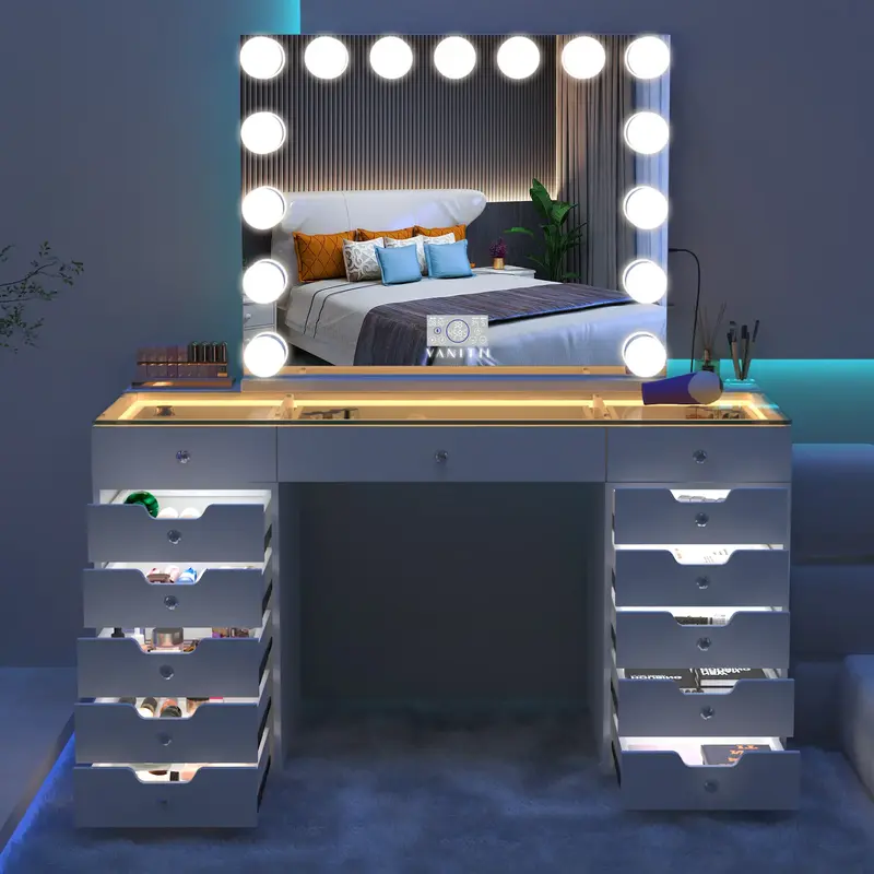 VANITII  13 Drawers Makeup Vanity Desk Dressering Table With Lights 14/15 Bluetooth Mirror for Bedroom White