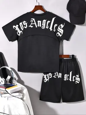 Two-piece Set Boy's Letter Print Short Sleeve Tee & Shorts Set, Casual Street Round Neck T-shirt & Shorts, Summer Clothes for...