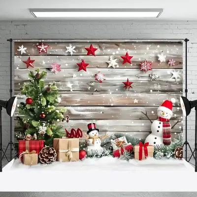 Aperturee Stars Decoration Wooden Wall Snowman Xmas Backdrop