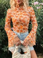 Women's Floral Print Lettuce Trim Flounce Sleeve Tulle Top, Boho Mock Neck Long Sleeve Top for Daily Holiday Vacation Wear, L...