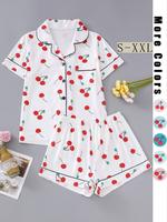 Women's All Over Cherry Print Lapel Collar Pocket Shirt & Elastic Waist Shorts Pyjama Set, Casual Fashion Fitted Comfortable ...