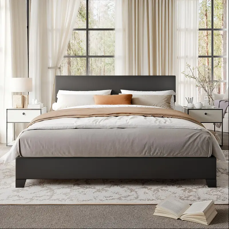 MUTICOR Full/Queen/King Size Upholstered Platform Bed Frame with Clean Line Fabric & Adjustable Headboard,【Frame Only No Ma...