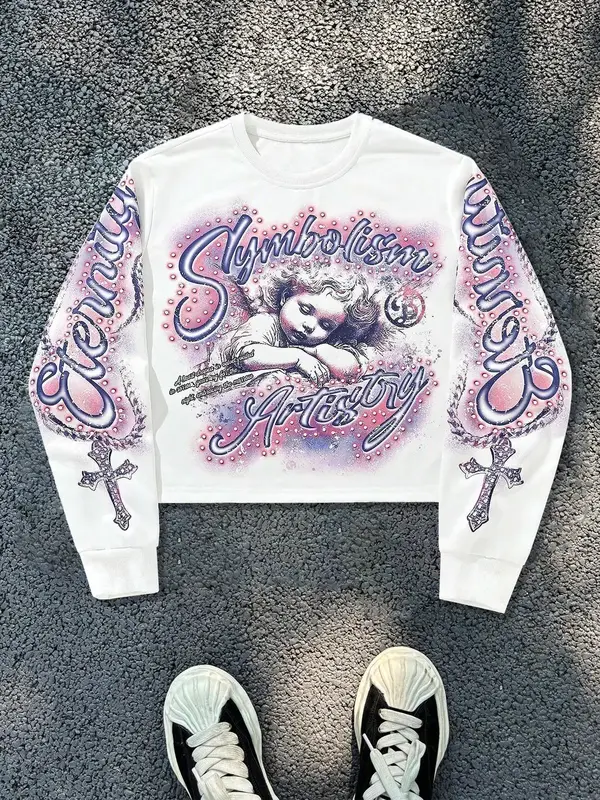 American Street Style Angel Print Round Neck Long Sleeve Hooded Sweatshirt, Trendy Casual Short New Arrival, Unisex Fashion C...