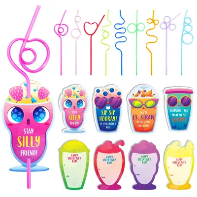 36Pcs Drinking Straws with Kids Valentines Cards for Valentine Party Favors 2025 Valentine Exchange Cards