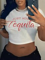 Women's Letter Print Round Neck Crop Tee, Trendy Short Sleeve Cropped T-Shirt, Ladies Summer Outfit