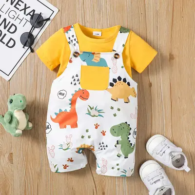 PatPat 2pcs Baby Boy Short-sleeve Solid Tee and Allover Dinosaur Print Overall Romper Set