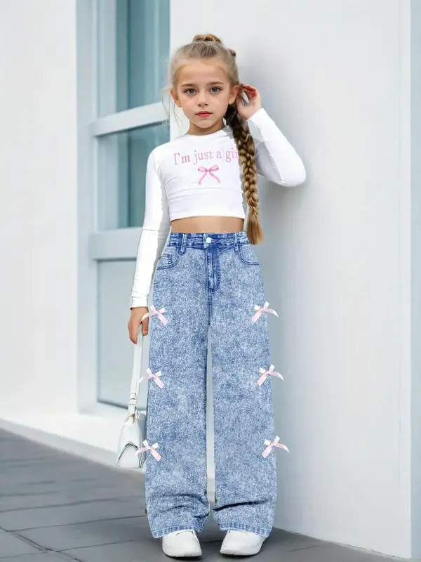 Two-piece Set Girl's Letter Print Top & Denim-effect Print Pants Set, Casual Long Sleeve Top & Trousers for Daily Wear, Kids ...