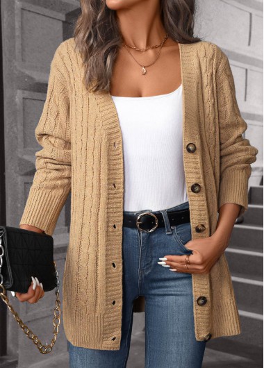 Modlily Light Camel Button Long Sleeve Cardigan - 2XL