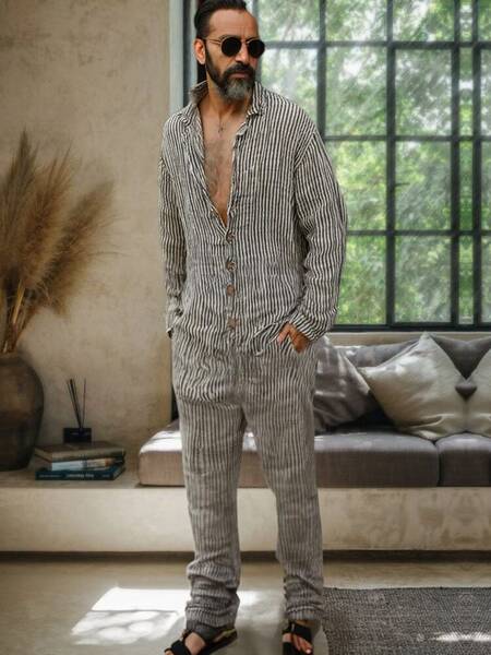 Cozy Stripe Linen Blend Jumpsuit, Black / XXXL