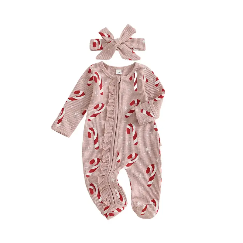 Baby Girl Christmas Oblique Zipper Romper Long Sleeve O Neck Candy Cane/Gingerbread Print Jumpsuit with Headband