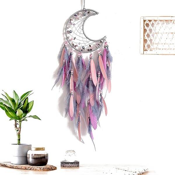 Crescent Moon Woven Net/Web with Feather Pendant Decoration