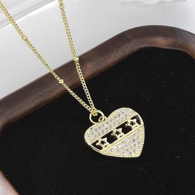 Brass Micro Pave Clear Cubic Zirconia Hollow Star Heart Pendant Necklaces for Women