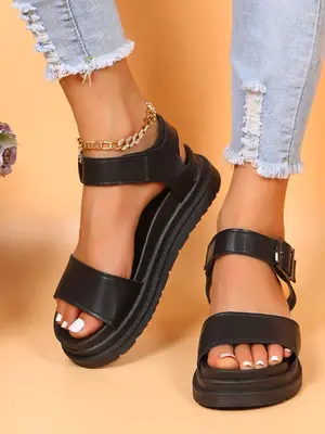 Women's Summer 2024 Fashionable Solid Color Ankle Strap Wedge Sandals, Girl Casual Beach Shoes, Buckle Decor Non-slip Sport S...