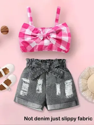 Girl's Plaid Print Bow Decor Crop Top & Denim-Effect Print Shorts Two-Piece Set, Casual Sleeveless Top & Shorts for Summer, K...