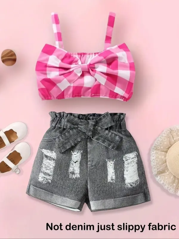 Girl's Plaid Print Bow Decor Crop Top & Denim-Effect Print Shorts Two-Piece Set, Casual Sleeveless Top & Shorts for Summer, K...