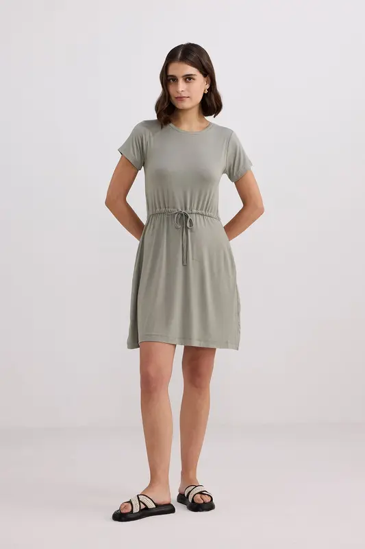 Drawstring Short T-shirt Dress in Light Olive | Color: Frost & Mist | Size: L
