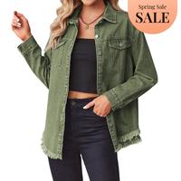 ZEAGOO 2025 New Spring Jean Jackets for Women Ripped Fringe Denim Jean Jacket Casual Long Sleeve Pockets Jackets Coat Fabric ...