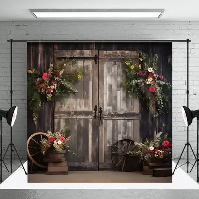 Aperturee Floral Barn Wooden Door Cake Smash Photo Backdrop | Photography Photo Background | Wall Background Photoshoot | Diy...