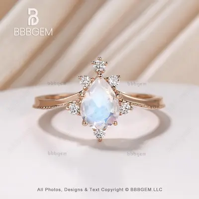 14K/18K Gold Vintage Rainbow Blue Moonstone Engagement Ring Unique
