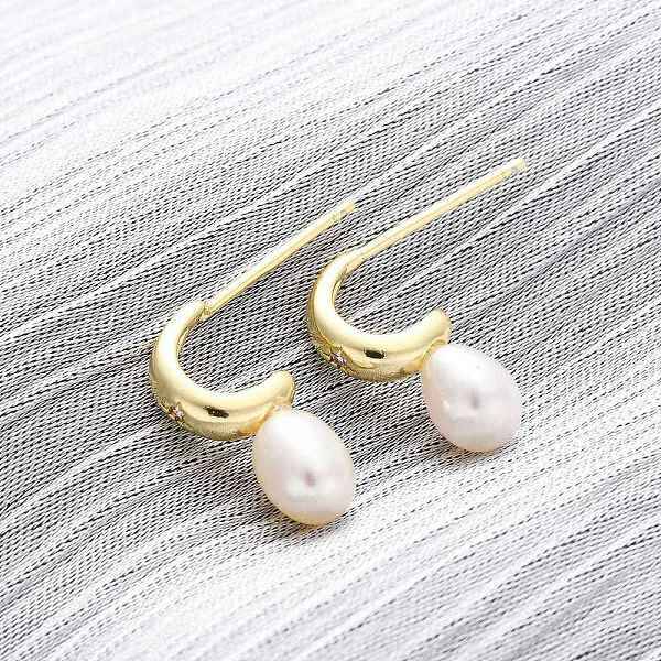 Teardrop Brass Natural Pearl Dangle Stud Earrings