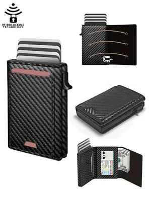 Men's Carbon Fiber Pop-up Wallet with Tracker, Boyfriend Gifts, RFID Blocking Minimalist Wallet, Large Capacity Id Window, Ca...