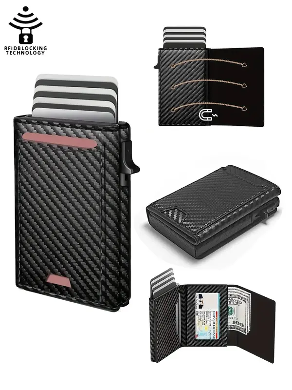 Men's Carbon Fiber Pop-up Wallet with Tracker, Boyfriend Gifts, RFID Blocking Minimalist Wallet, Large Capacity Id Window, Ca...
