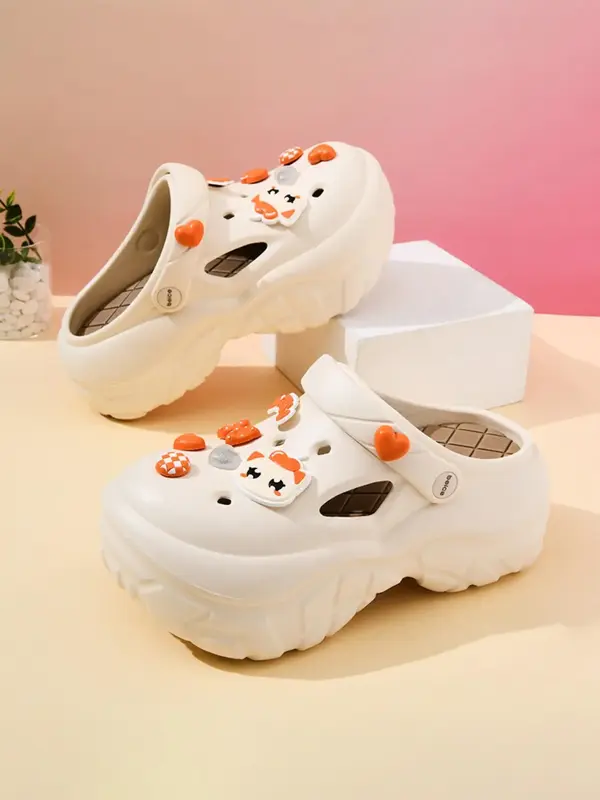 Women's Cute Cartoon Kitten & Checked Pattern Round & Heart Charm Decor Clogs, Trendy Non-slip Chunky Vented Clogs, Soft Comf...