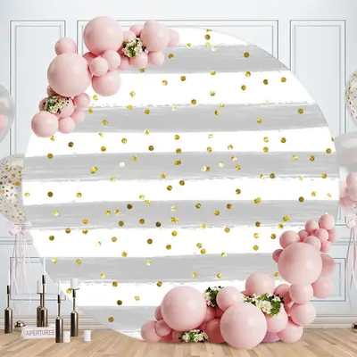 Aperturee Grey And White Stripes Round Gold Birthday Backdrop