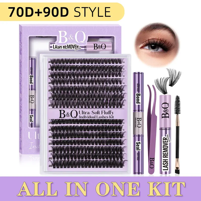 B&Qaugen 70D+90D Kit l 280pcs 10-18MIX Mega Volume Lashes,D-Curl,Lash Bond & Seal for DIY Lash Extension,Waterproof Makeup Co...