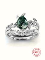 S925 Sterling Silver Natural Grass Agate Ring Set, with Box, Fashion Accessories for Women & Men, Statement Ring, Trendy All-...