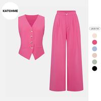 KatchMe Women's Commuter Plain V Neck Button-Up Tank Top & High Waist Trousers Co-ord, Summer Sets, Versatile Two-Piece Outfi...