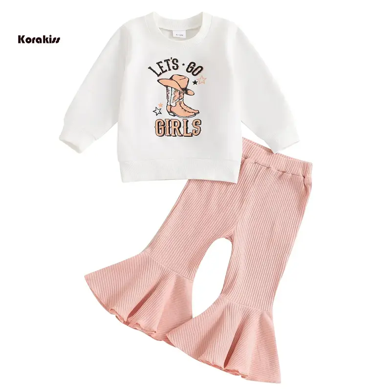 baby Girls Pants Set, Long Sleeve Letters Print Sweatshirt with Flare Pants Clothing Set
