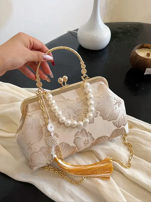 Women's Elegant Faux Pearl & Fringe Decorated Crossbody Bag, Fashionable Floral Pattern Shoulder Purse for Daily Used, Casual...