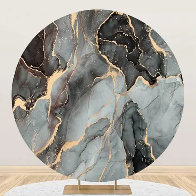 Dark Grey And Golden Marble Round Birthday Backdrop - Aperturee