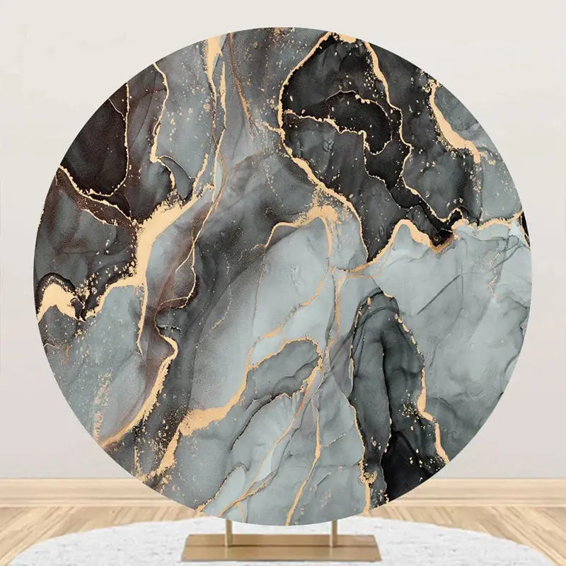 Dark Grey And Golden Marble Round Birthday Backdrop - Aperturee