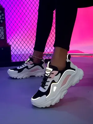 Women's Summer Fashion Patchwork Lace Up Chunky Sneakers for Training for Girls, 2024 Trendy Round Toe Breathable Sneakers, C...