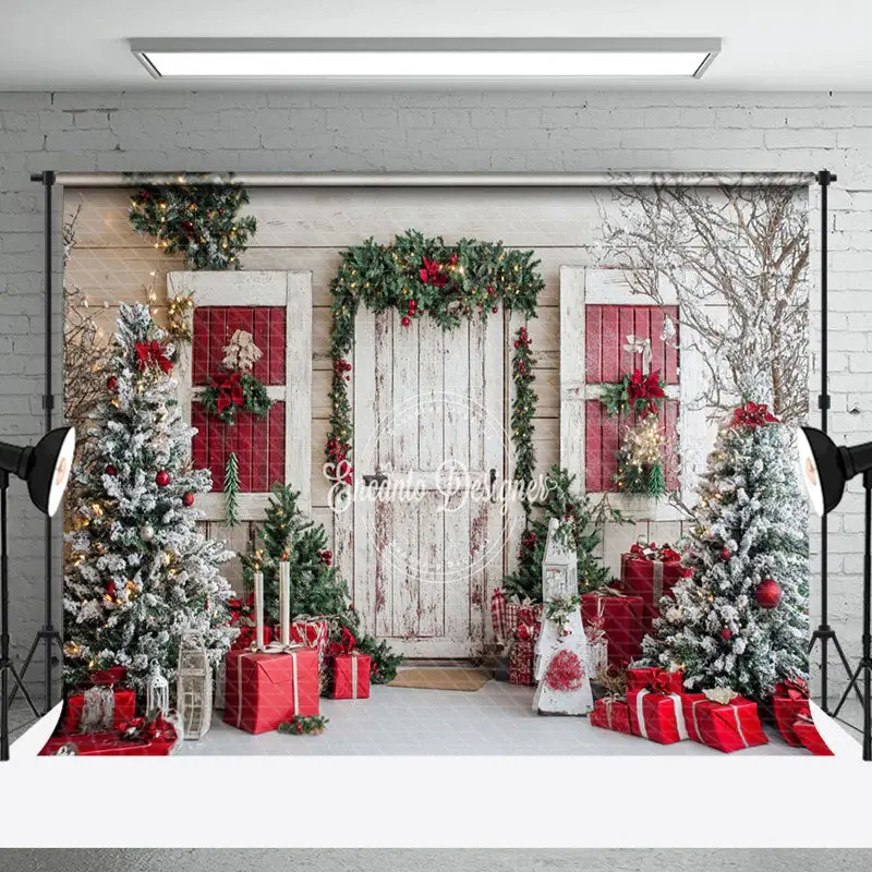 White Winter Cabin Christmas Tree Gifts Backdrop - Aperturee