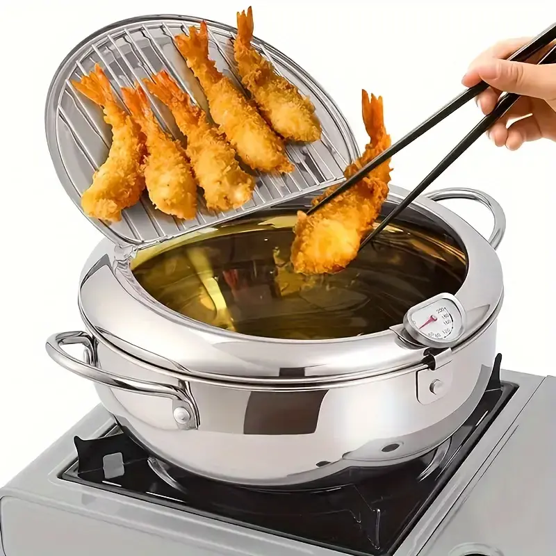 Deep Fryer Pot, LARGE Janpanese Style Tempura Frying Pot with Lid, 304 Stainless Steel with Temperature Control and Oil Drip ...