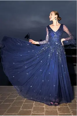 Goddiva Sunray Hand Embellished Sequin A-Line Bell Sleeve Maxi Dress - Navy Blue